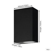 Imagine cu o lampă de perete neagră de exterior cu dimensiunile: 14,0 cm înălțime, 7,0 cm lungime și 9,0 cm distanță.