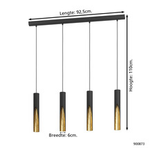 Lumină suspendată cu patru becuri, lungime 92,5 cm, înălțime 110 cm, lățime lampă 6 cm.