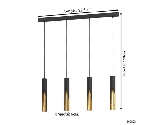 Lumină suspendată cu patru becuri, lungime 92,5 cm, înălțime 110 cm, lățime lampă 6 cm.