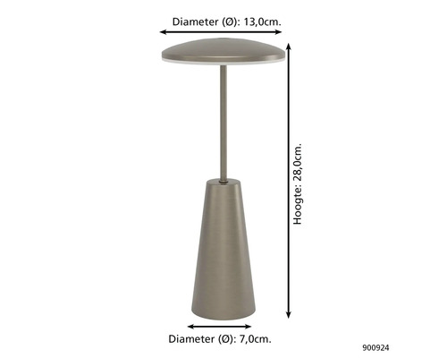 Lampă de masă cu diametrul de 13 cm și înălțimea de 28 cm.
