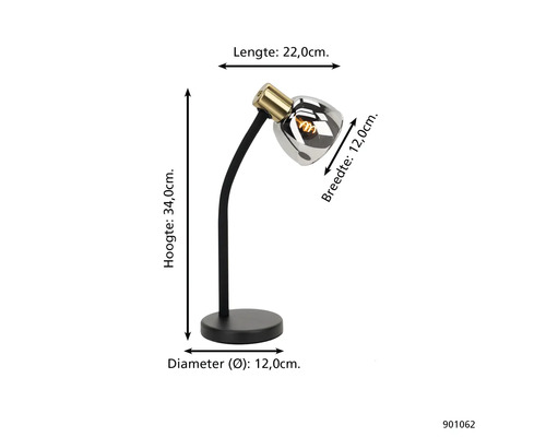 Lampă de birou cu dimensiunile înălțime 34,0 cm, lungime 22,0 cm, lățime 12,0 cm și diametru 12,0 cm.