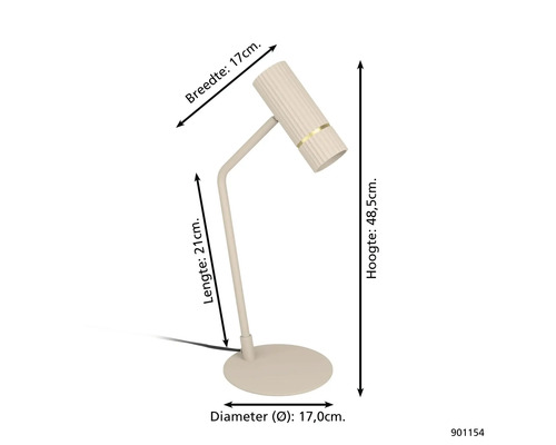 Lampă de masă cu dimensiunile de 48,5 cm înălțime, 17 cm lățime, 21 cm lungime și 17 cm diametru