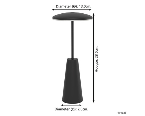 Imaginea unei lămpi cu dimensiunile de 13,0 cm diametru sus, 7,0 cm diametru jos și 28,0 cm înălțime.