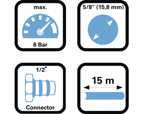 Date tehnice: maximum 6 bari, 5/8 inch (15,8 milimetri), conector de 1/2 inch, lungime furtun 15 metri