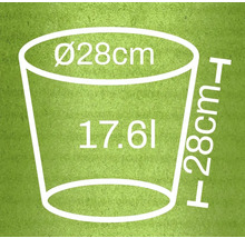 Imagine cu dimensiunile unui ghiveci de flori: diametru 28 cm, înălțime 28 cm, volum 17,6 l