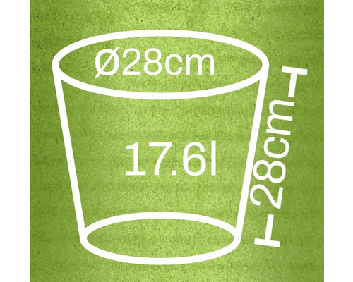 Imagine cu dimensiunile unui ghiveci de flori: diametru 28 cm, înălțime 28 cm, volum 17,6 l