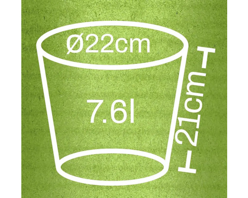 Ilustrație cu dimensiunile unui vas de flori: diametru 22 cm, înălțime 21 cm, volum 7,6 litri
