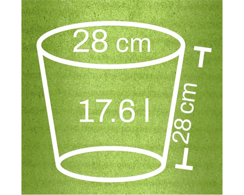 Ilustrație a unui ghiveci de flori cu dimensiunile de 28 cm înălțime, 28 cm diametru și 17,61 litri volum