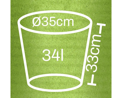 Schiță a unui vas de plantare cu dimensiunile diametru 35 centimetri, înălțime 33 centimetri și volum 34 litri.