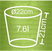 Dimensiunile unui vas de plantare: diametru 22 cm, înălțime 21 cm, volum 7,6 l