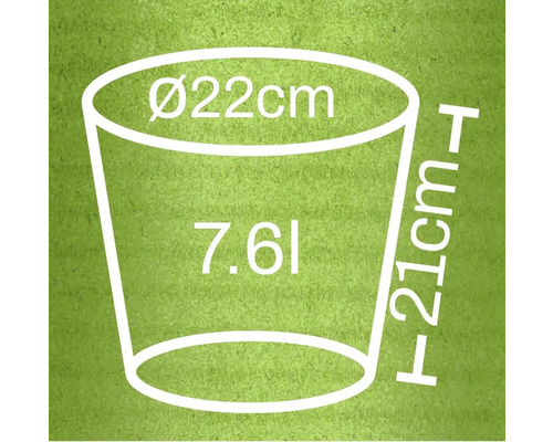 Ilustrație a unui ghiveci de flori cu dimensiunile diametru 22 cm, înălțime 21 cm și un volum de 7,6 litri