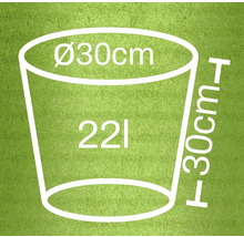 Ilustrație a unui ghiveci de flori cu dimensiunile de 30 centimetri diametru, 30 centimetri înălțime și un volum de 22 litri