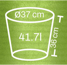 Schiță a unui vas de plantare cu dimensiunile de 37 centimetri diametru, 36 centimetri înălțime și 41,71 litri volum