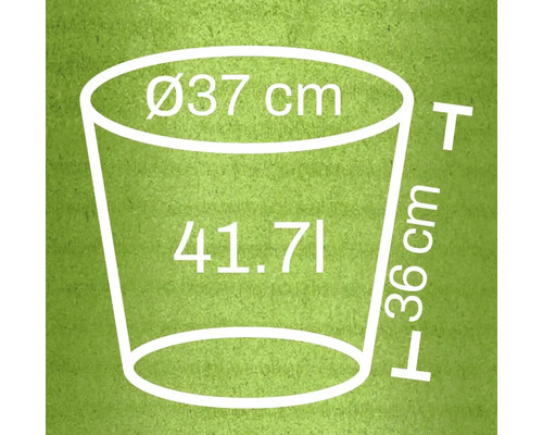 Schiță a unui vas de plantare cu dimensiunile de 37 centimetri diametru, 36 centimetri înălțime și 41,71 litri volum