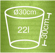 Schiță a unui ghiveci de flori cu dimensiunile de 30 centimetri în diametru, 30 centimetri înălțime și un volum de 22 litri