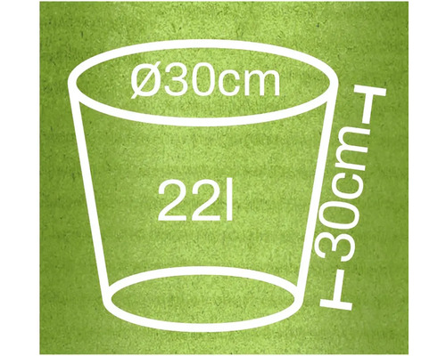 Schiță a unui ghiveci de flori cu dimensiunile de 30 centimetri în diametru, 30 centimetri înălțime și un volum de 22 litri