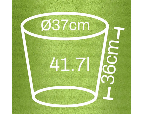 Ilustrație a unui ghiveci de flori cu dimensiunile de 37 centimetri diametru, 36 centimetri înălțime și un volum de 41,71 litri