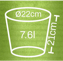 Schiță a unui vas de plantare cu dimensiunile de 22 cm diametru, 21 cm înălțime și 7,6 litri volum