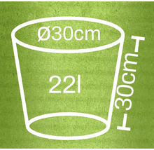 Diagramă a unui ghiveci de flori cu dimensiunile de 30 cm în diametru și 30 cm înălțime, capacitate 22 litri