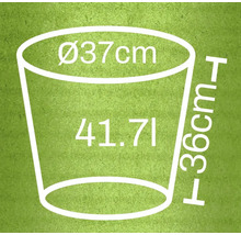 Imaginea unui ghiveci de flori cu dimensiuni: diametru 37 cm, înălțime 36 cm și volum de 41,71 litri.
