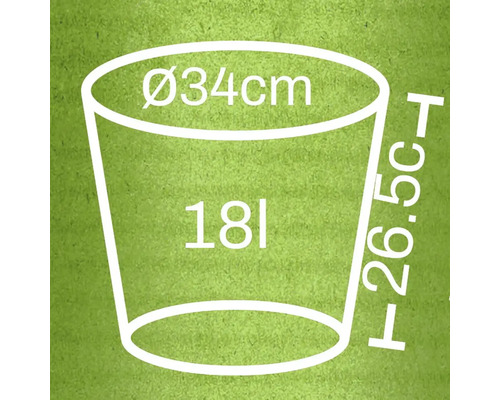 Schiță a unui ghiveci de flori cu dimensiunile de 34 centimetri în diametru, 26,5 centimetri în înălțime și un volum de 18 litri