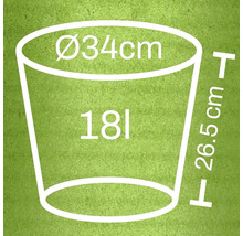 Ilustrație a unui ghiveci de flori cu dimensiunile: diametru 34 cm, înălțime 26,5 cm și volum 18 litri.