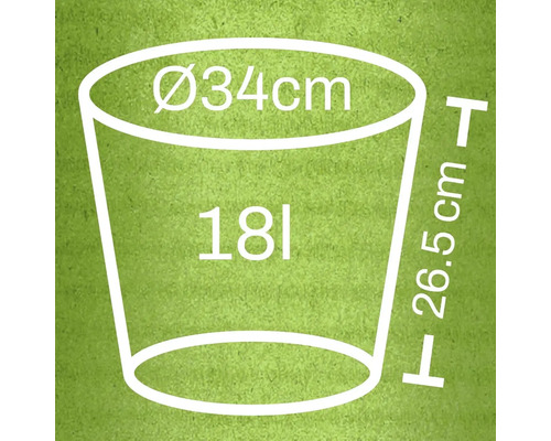Ilustrație a unui ghiveci de flori cu dimensiunile: diametru 34 cm, înălțime 26,5 cm și volum 18 litri.