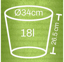 Diagrama unui ghiveci de flori cu dimensiunile de 34 centimetri în diametru, 26,5 centimetri în înălțime și un volum de 18 litri