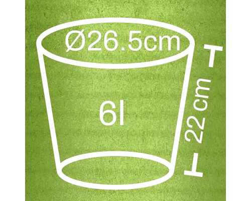 Desen tehnic al unui vas de plantare cu dimensiunile de 26,5 cm diametru și 22 cm înălțime, precum și un volum de 6 litri