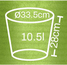 Ilustrație a unui vas de plantare cu dimensiunile de 33,5 cm diametru, 28 cm înălțime și un volum de 10,5 litri