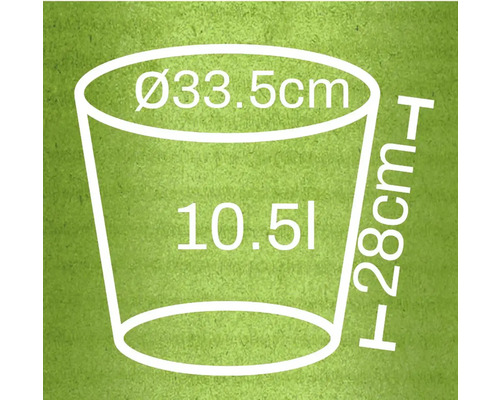 Ilustrație a unui vas de plantare cu dimensiunile de 33,5 cm diametru, 28 cm înălțime și un volum de 10,5 litri