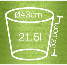 Ilustrație a unui ghiveci de flori cu dimensiunile diametru 43 centimetri, înălțime 33,5 centimetri și un volum de 21,5 litri.