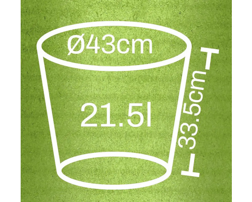 Ilustrație a unui ghiveci de flori cu dimensiunile diametru 43 centimetri, înălțime 33,5 centimetri și un volum de 21,5 litri.