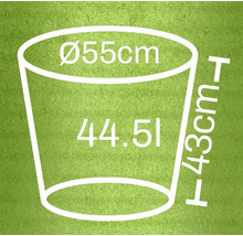Schiță a unui vas de plantare cu dimensiuni: diametru 55 centimetri, înălțime 43 centimetri, volum 44,51 litri