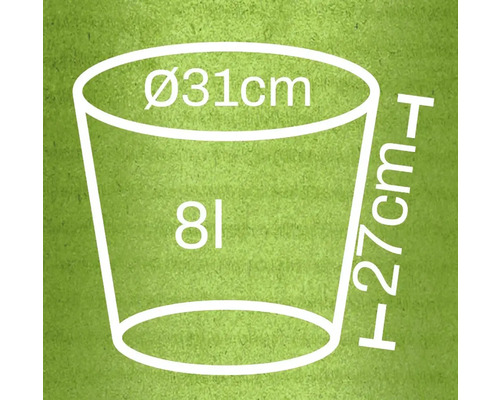 Ilustrație a unui ghiveci de flori cu dimensiunile de 31 cm în diametru și 27 cm înălțime, și un volum de 8 litri
