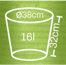 Ghiveci de flori cu dimensiunile diametru 38 cm, înălțime 32 cm și volum 16 litri