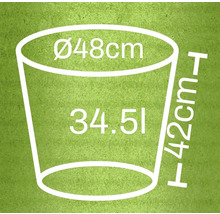 Ilustrație a unui ghiveci de flori cu dimensiunile diametru 48 cm, înălțime 42 cm și un volum de 34,5 litri