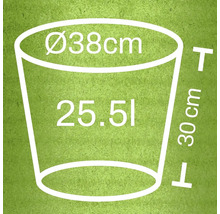 Schiță a unui vas de plantare cu dimensiunile de 38 cm diametru, 30 cm înălțime și 25,51 litri volum