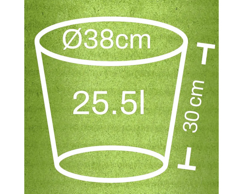 Schiță a unui vas de plantare cu dimensiunile de 38 cm diametru, 30 cm înălțime și 25,51 litri volum