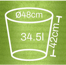 Ilustrație a unui ghiveci de flori cu dimensiunile de 48 centimetri în diametru, 42 centimetri înălțime și un volum de 34,5 litri