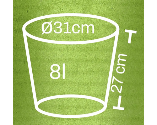 Ilustrație a unui ghiveci de flori cu dimensiunile diametru 31 cm, înălțime 27 cm și un volum de 8 litri