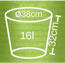 Imagine a unui vas de flori cu dimensiunile diametru 38 centimetri, înălțime 32 centimetri și volum 16 litri