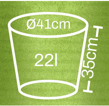 Diagramă a unui ghiveci de flori cu dimensiunile de 41 de centimetri în diametru, 35 de centimetri în înălțime și un volum de 22 de litri