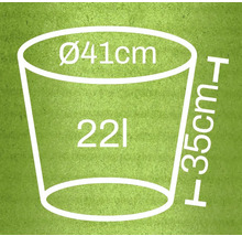 Ilustrație a unui ghiveci de flori cu dimensiunile de 41 cm diametru, 35 cm înălțime și 22 litri volum