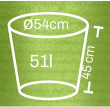 Desen tehnic al unui vas de plantare cu dimensiunile diametru 54 centimetri, înălțime 45 centimetri și volum 51 litri