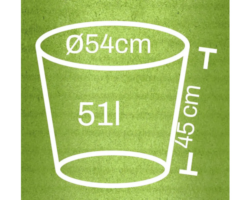 Desen tehnic al unui vas de plantare cu dimensiunile diametru 54 centimetri, înălțime 45 centimetri și volum 51 litri
