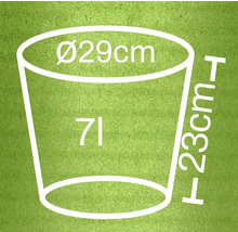 Schiță a unui vas de plantare cu dimensiunile de 29 cm în diametru, 23 cm înălțime și volum de 7 litri