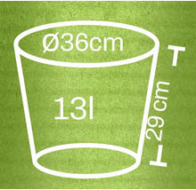 Schiță a unui vas de flori cu dimensiunile: diametru 36 cm, înălțime 29 cm, volum 13 litri