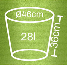 Ilustrație a unui ghiveci de flori cu dimensiunile de 46 centimetri diametru și 36 centimetri înălțime, și un volum de 28 litri