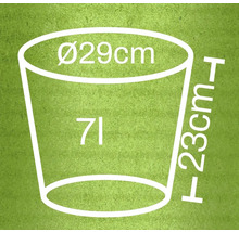 Diagramă a unei găleți cu dimensiunile de 29 cm în diametru, 23 cm înălțime și 7 litri capacitate